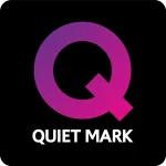 black logo purple quiet mark and white text