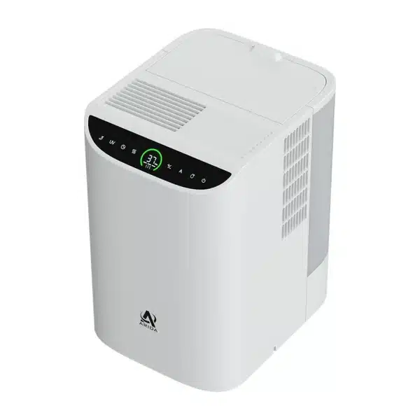 hvit luftfukter med avrundede kanter, sort logo på front og sort betjeningspanel på skrå front med grønn ring i panelet