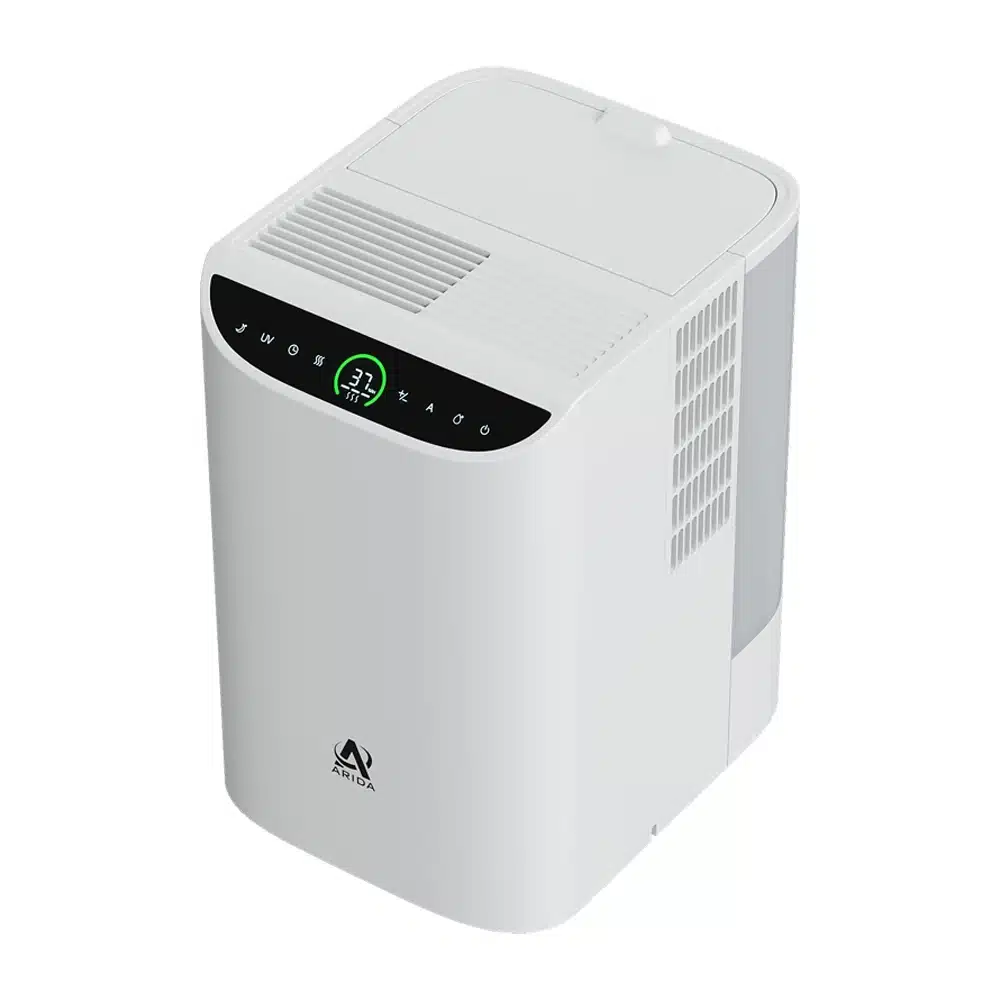 Arida EVA 1.000 Evaporativ luftfukter med stor vanntank WiFi og toppfylling hvit luftfukter med avrundede kanter, sort logo på front og sort betjeningspanel på skrå front med grønn ring i panelet