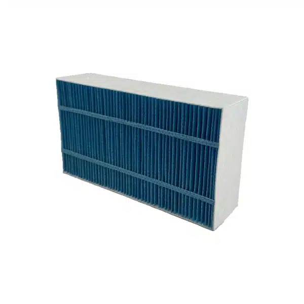 blått luftfilter med riller og hvit ramme