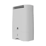 grå luftavfuktare med svart logotyp och rundad vattenbehållare i botten