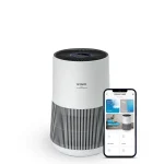 luftrenare cylinder med svart topp och app på mobilen