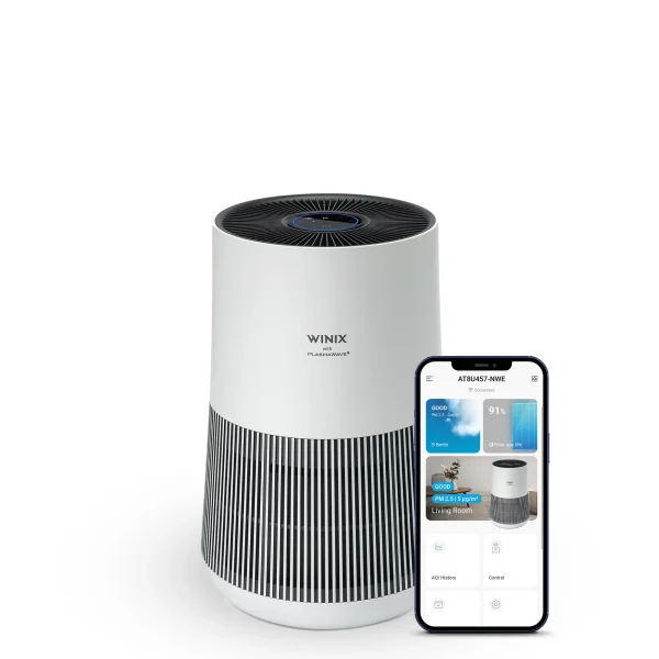 luftrenare cylinder med svart topp och app på mobilen